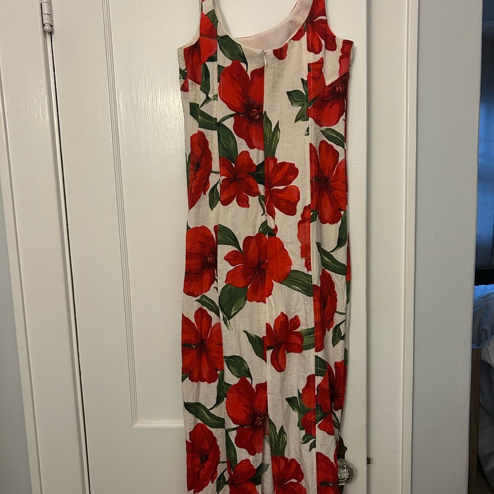 Mango Dulce Ivory and Red Floral Midi Dress Size M Tropical Resort Vacation